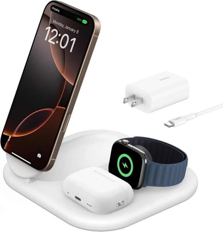 Belkin 3-in-1 MagSafe-Compatible iPhone Charger – Foldable Magnetic Qi2 Certified, MagSafe Charging Station for Phone, Apple Watch, AirPods – Wireless for Multiple Devices