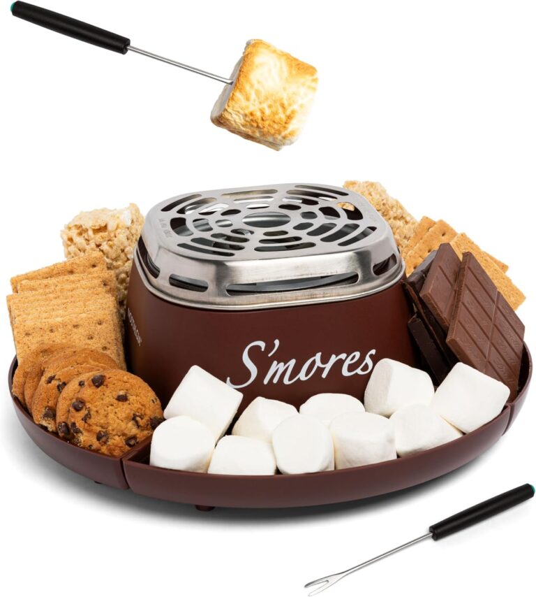 Nostalgia Tabletop Indoor Electric S’mores Maker – Smores Kit With Marshmallow Roasting Sticks and 4 Trays for Graham Crackers, Chocolate, and Marshmallows – Movie Night Supplies – Brown