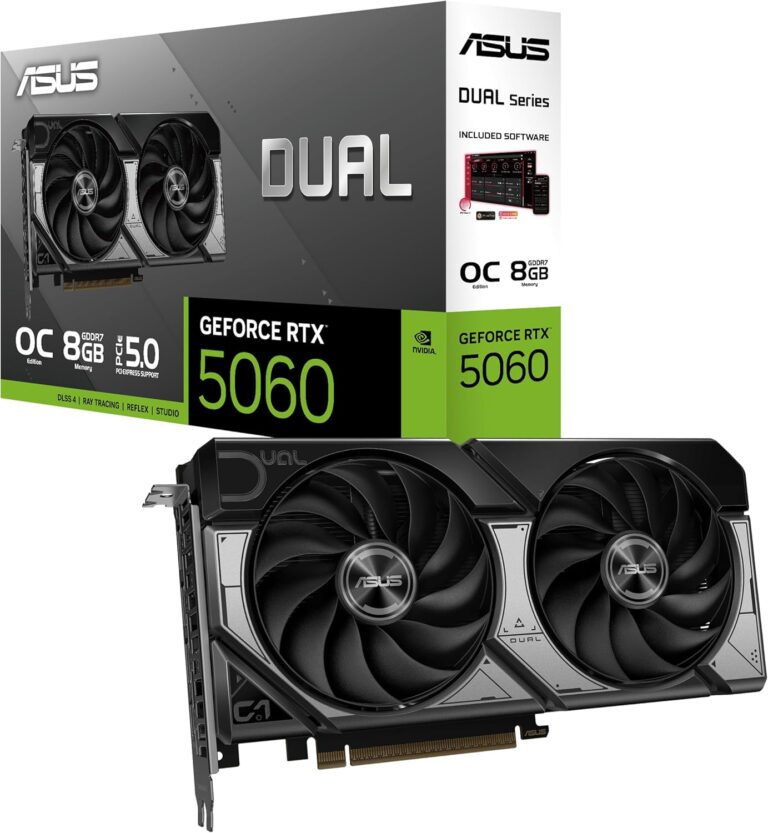 ASUS Dual GeForce RTX™ 5060 8GB GDDR7 OC Edition (PCIe 5.0, 8GB GDDR7, DLSS 4, HDMI 2.1b, DisplayPort 2.1b, 2.5-Slot Design, Axial-tech Fan Design, 0dB Technology, and More)